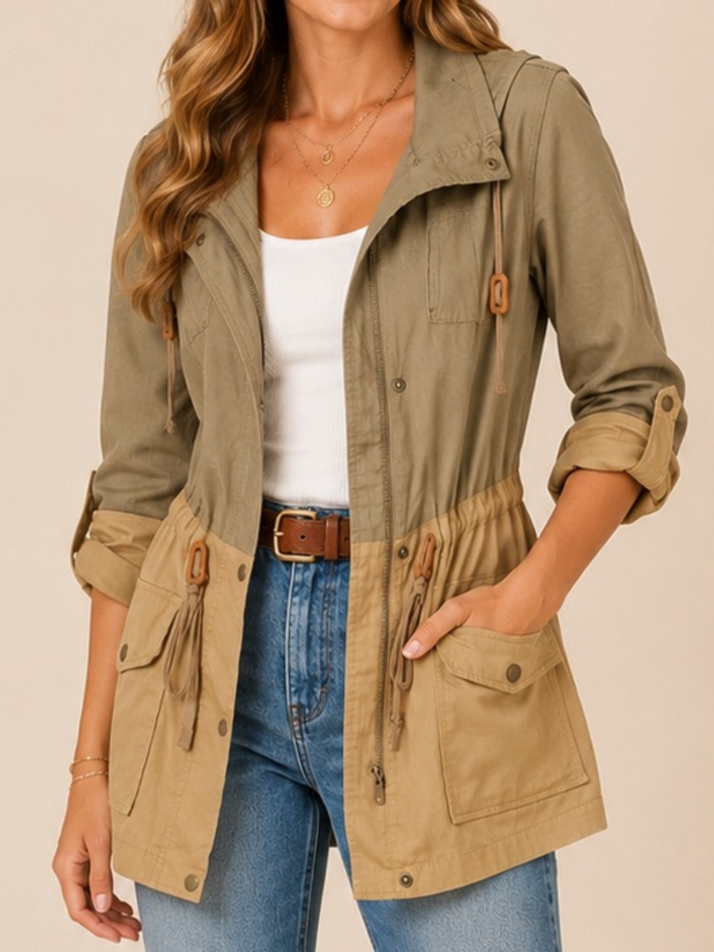 BLU PEPPER Linen Blend Colorblock Jacket